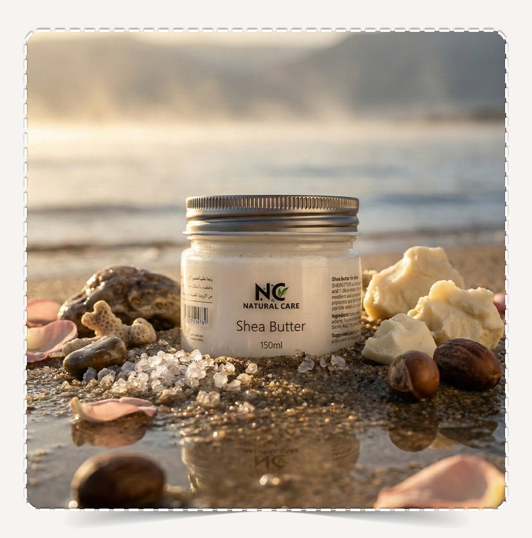 زبدة الشيا الطبيعية Natural Shea Butter على رمال الشاطئ في عمان وقت الشروق.