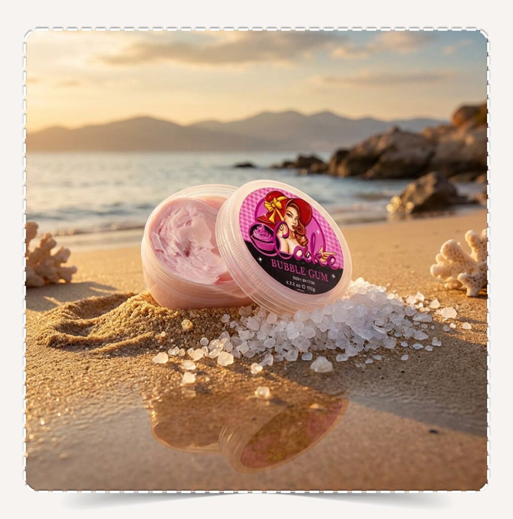 عبوة زبدة الجسم الطبيعية بابل جم Bubble Gum مفتوحة تظهر القوام الوردي المخملي على الشاطئ.