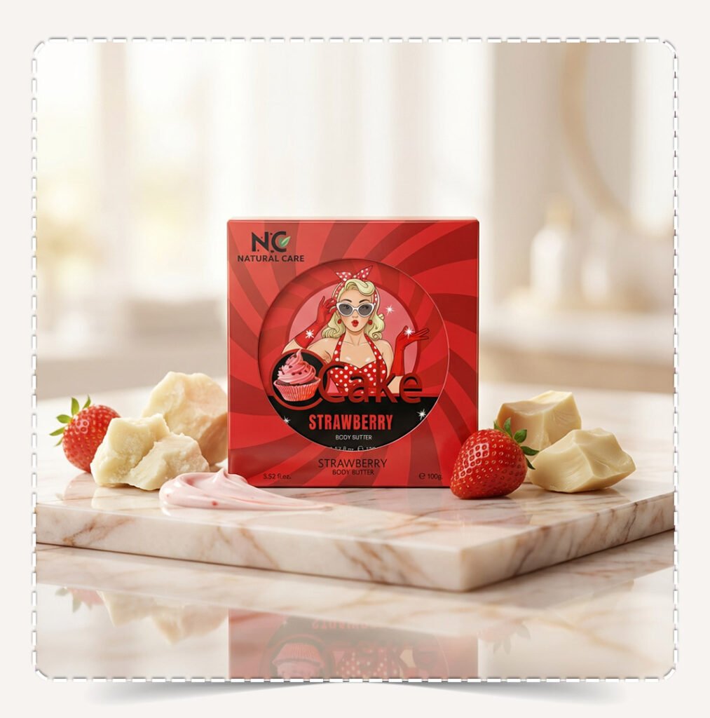 عبوة زبدة الجسم فراولة Strawberry Natural Body Butter الحمراء مع حبات فراولة طازجة وقطع زبدة الكاكاو.
