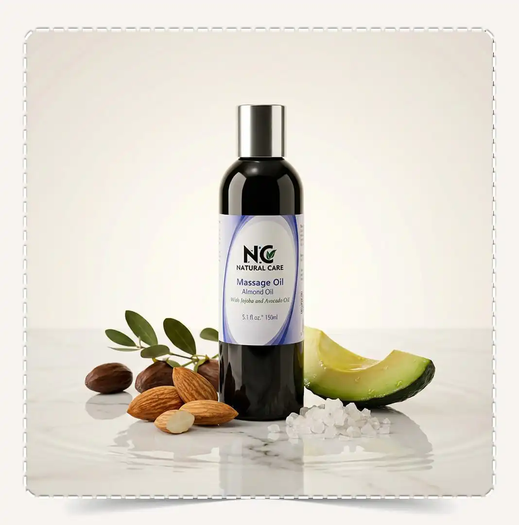 زجاجة زيت مساج اللوز والعناية الثلاثية Massage Oil Almond Oil حجم 150 مل مع حبات اللوز وشرائح الأفوكادو الطازجة.