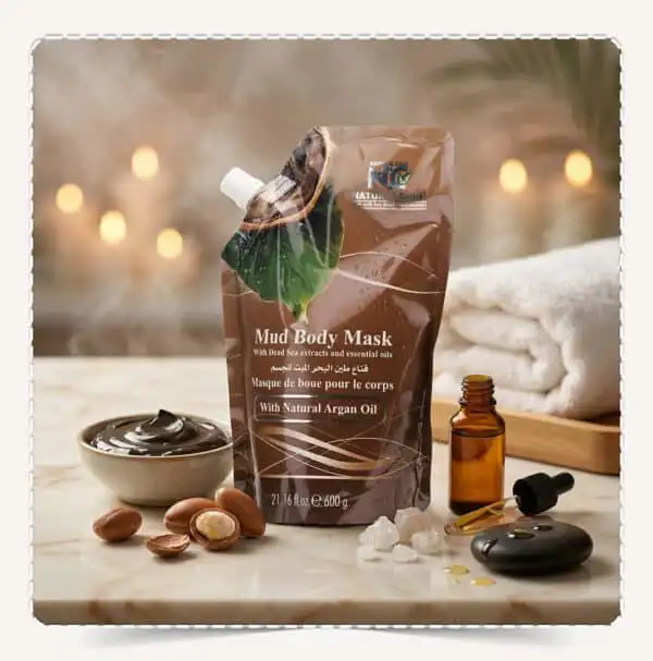 كيس قناع طين البحر الميت للجسم Dead Sea Mud Body Mask بزيت الأرجان Mud Body Mask بحجم 600 جم مع ثمار الأرجان وزيت عطري.