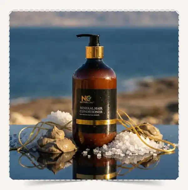 بلسم الشعر بمعادن البحر الميت Mineral Hair Conditioner مع كومة من طين البحر الميت وأملاح معدنية وخيوط نباتية.