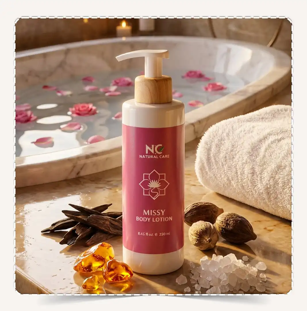 عبوة لوشن الجسم ميسي Missy Body Lotion في سبا فاخر مع قطع العود والعنبر وأملاح البحر الميت.
