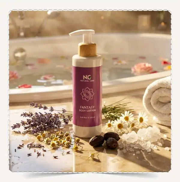 عبوة لوشن الجسم فانتسي Fantasy Body Lotion في سبا فاخر مع باقة زهور برية ومسك وأملاح البحر الميت.