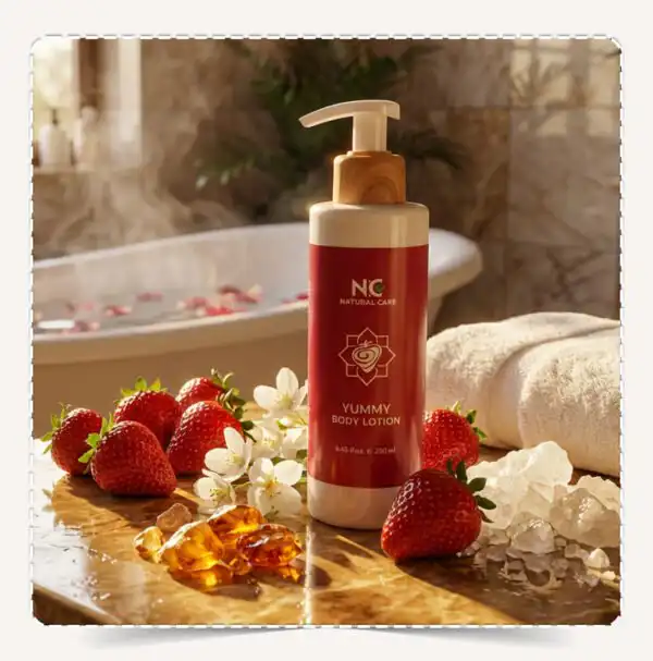 عبوة لوشن الجسم يمي Yummy Body Lotion في سبا فاخر مع الفراولة الطازجة والعنبر وأملاح البحر الميت.
