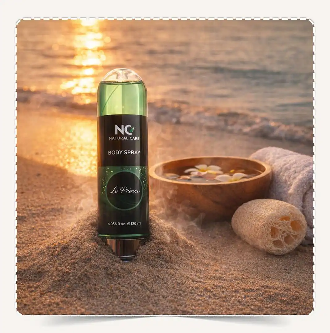 عبوة معطر الجسم لي برنس Le Prince Body Spray بحجم 120 مل بلون أخضر شفاف وغطاء فضي.