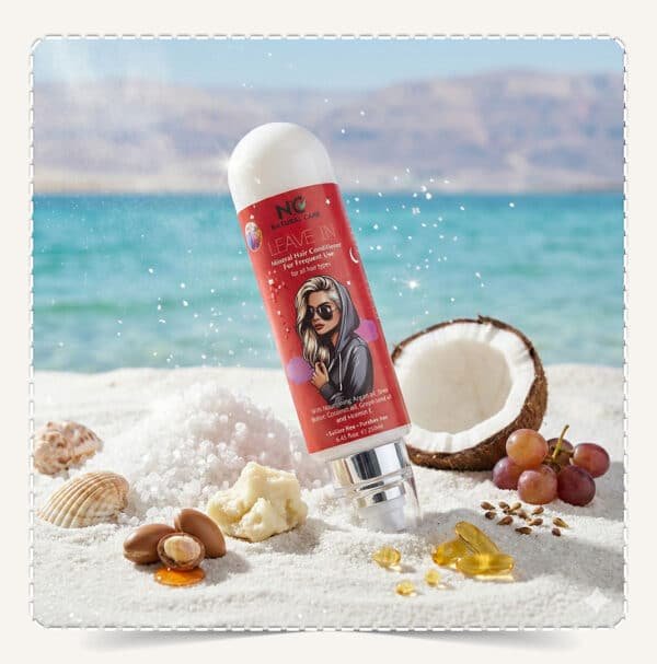 بخاخ بلسم ليف إن Leave-In Conditioning Spray بعبوة حمراء مع زيت الأرغان وجوز الهند والعنب على رمال الشاطئ.