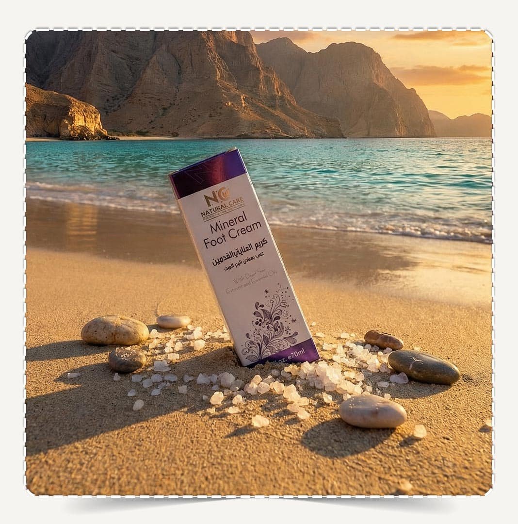 كريم العناية بالقدمين Mineral Foot Cream على رمال الشاطئ في عمان وقت الغروب.