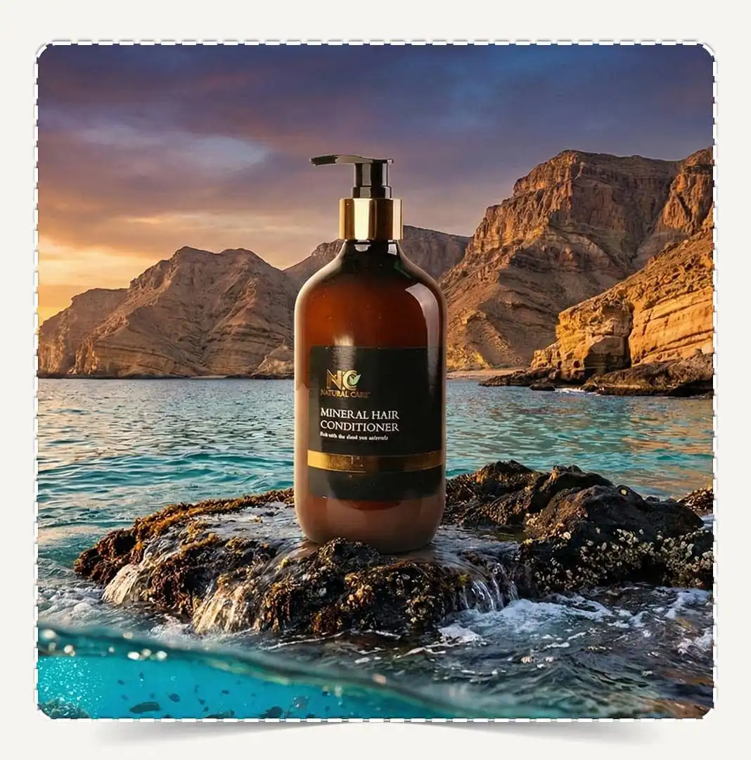 عبوة بلسم الشعر بمعادن البحر الميت Mineral Hair Conditioner بحجم 500 مل على صخرة بحرية أمام الجبال وقت الغروب.