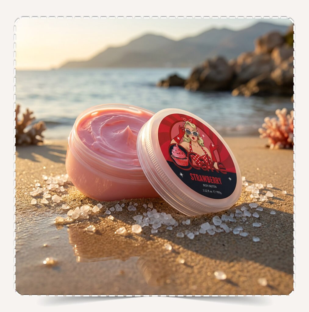 زبدة الجسم فراولة Strawberry Natural Body Butter مفتوحة تظهر القوام الوردي الناعم على الشاطئ.