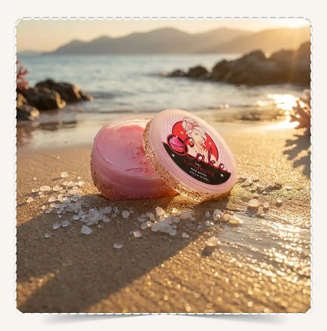 زبدة الجسم توتي فروتي Tutti Fruitti مفتوحة تظهر القوام الوردي الناعم على الشاطئ وقت الغروب.
