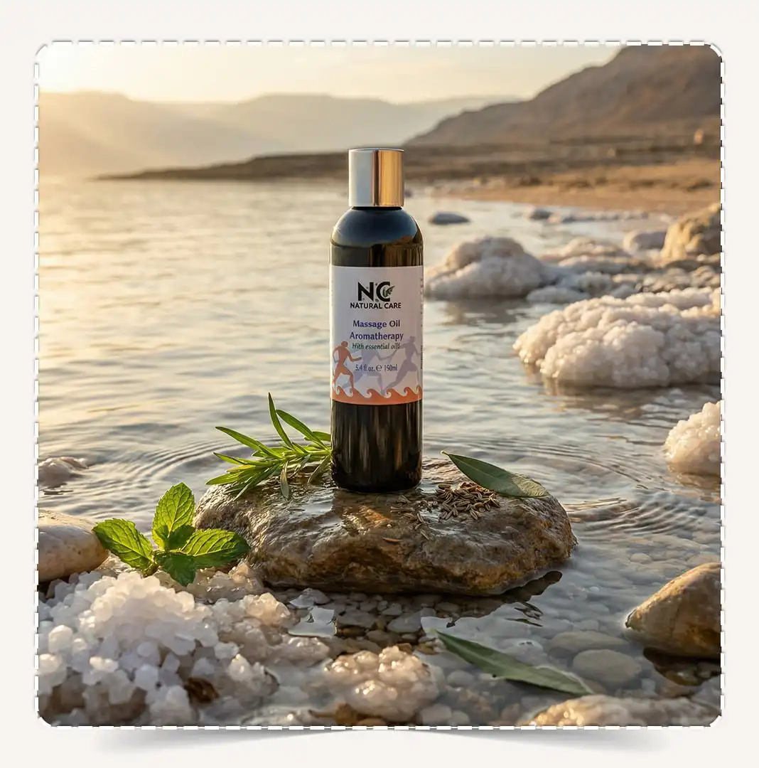 زيت مساج علاجي Massage Oil Aromatherapy على صخرة وسط الماء في عمان وقت الغروب.