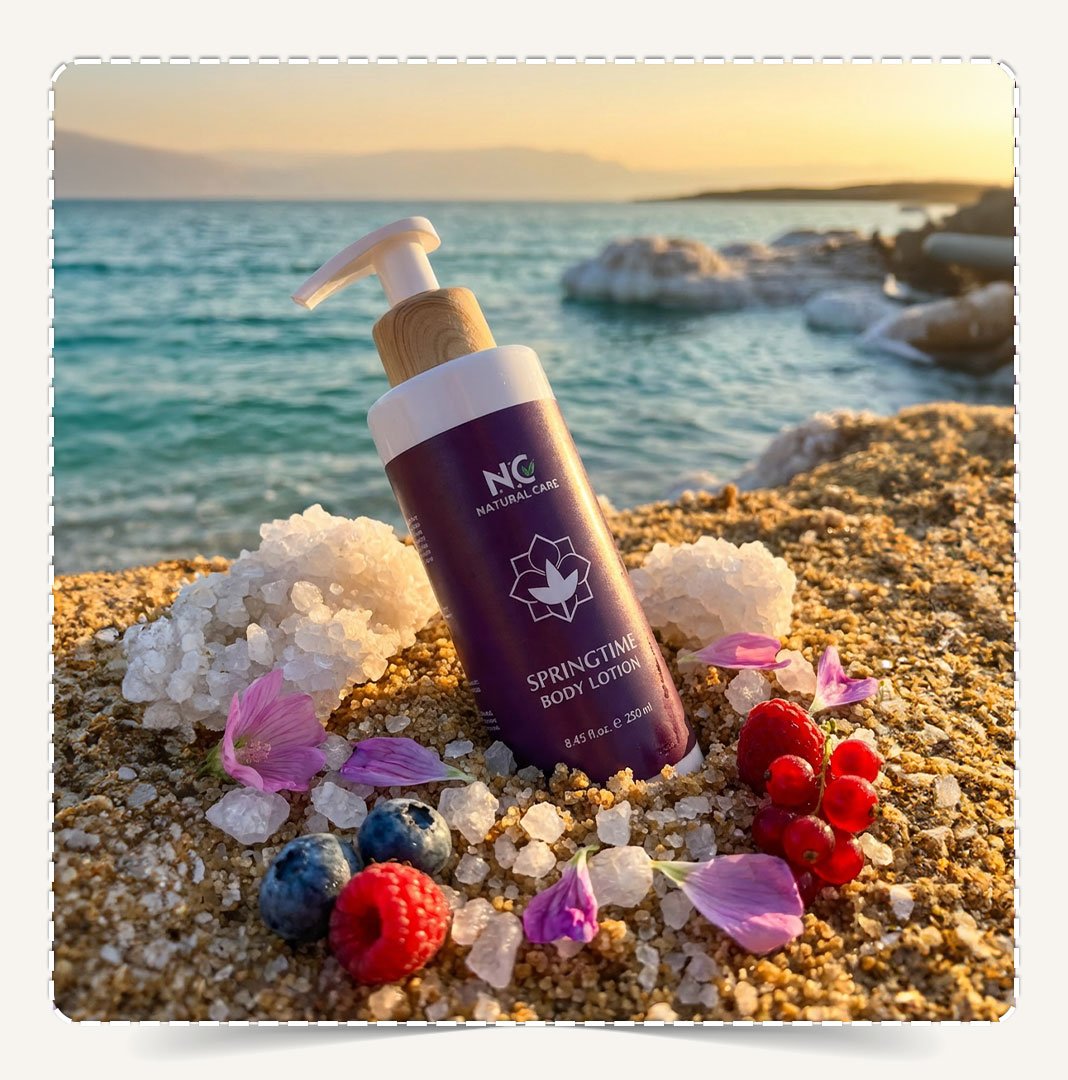 لوشن الجسم سبرينج تايم Springtime Body Lotion مدفون في رمال شاطئ البحر الميت مع التوت والزهور.