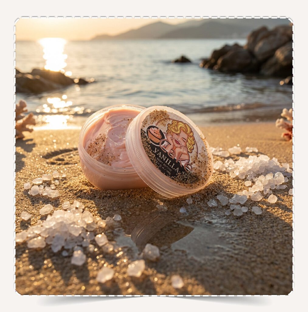 زبدة الجسم فانيلا Vanilla Natural Body Butter مفتوحة تظهر القوام الكريمي البيج على الشاطئ وقت الغروب.