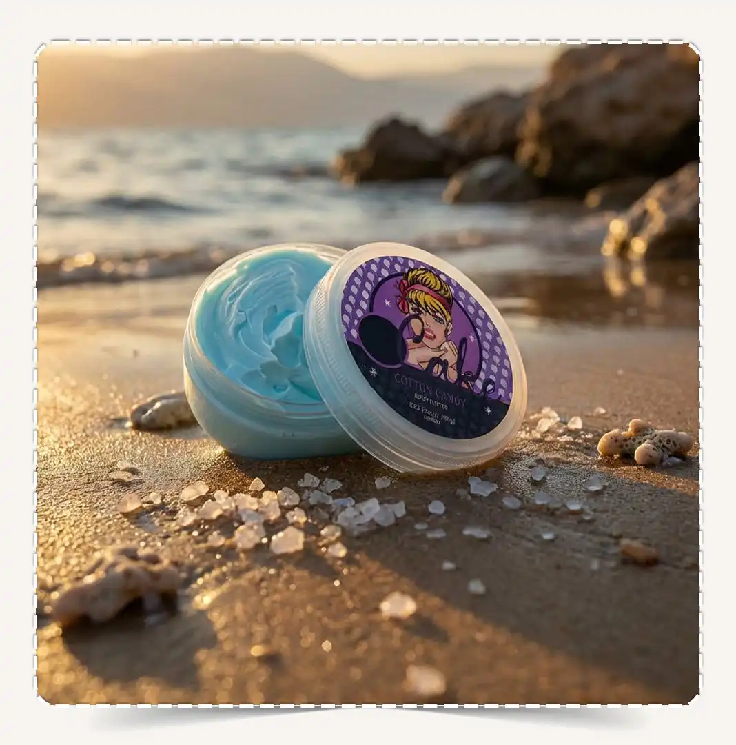 زبدة الجسم كوتون كاندي Cotton Candy مفتوحة تظهر القوام الكريمي باللون الأزرق السماوي على الشاطئ.