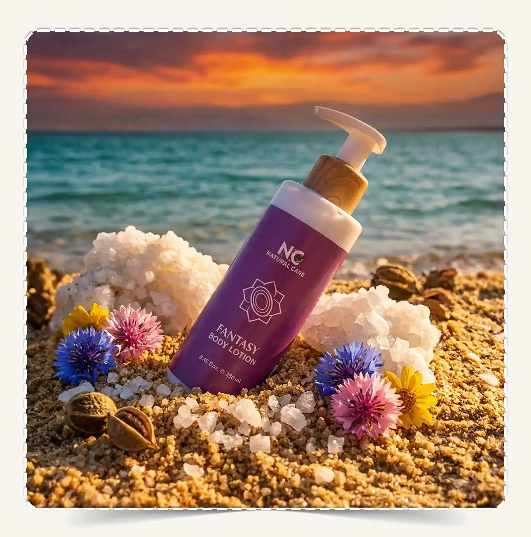 لوشن الجسم فانتسي Fantasy Body Lotion مدفون في رمال شاطئ البحر الميت مع زهور برية ملونة ومسك.