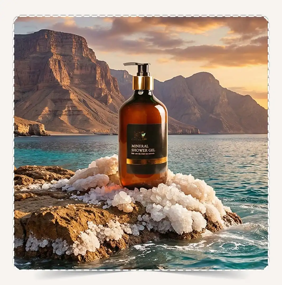 عبوة جل استحمام بمعادن البحر الميت Dead Sea Mineral Shower Gel بحجم 500 مل على صخرة أمام البحر والجبال وقت الغروب.