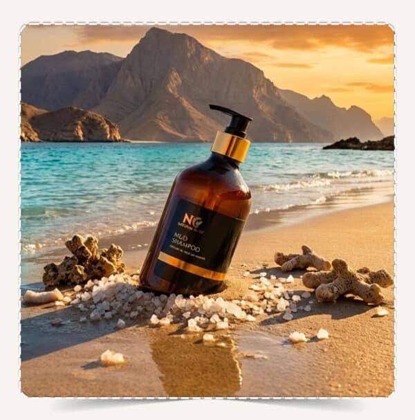 عبوة شامبو الطين بمعادن البحر الميت Mud Shampoo with Dead Sea Minerals على رمال الشاطئ مع شعاب مرجانية وأملاح وقت الغروب.
