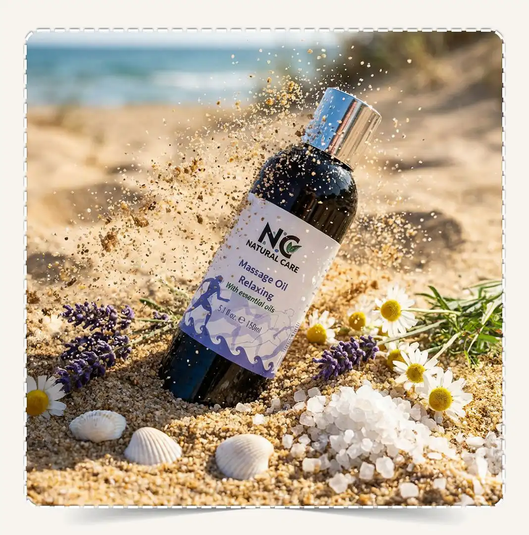 فضل زيت مساج Massage Oil Relaxing للاسترخاء مدفون في رمال الشاطئ مع تطاير الرمال وأزهار اللافندر وأملاح البحر الميت.