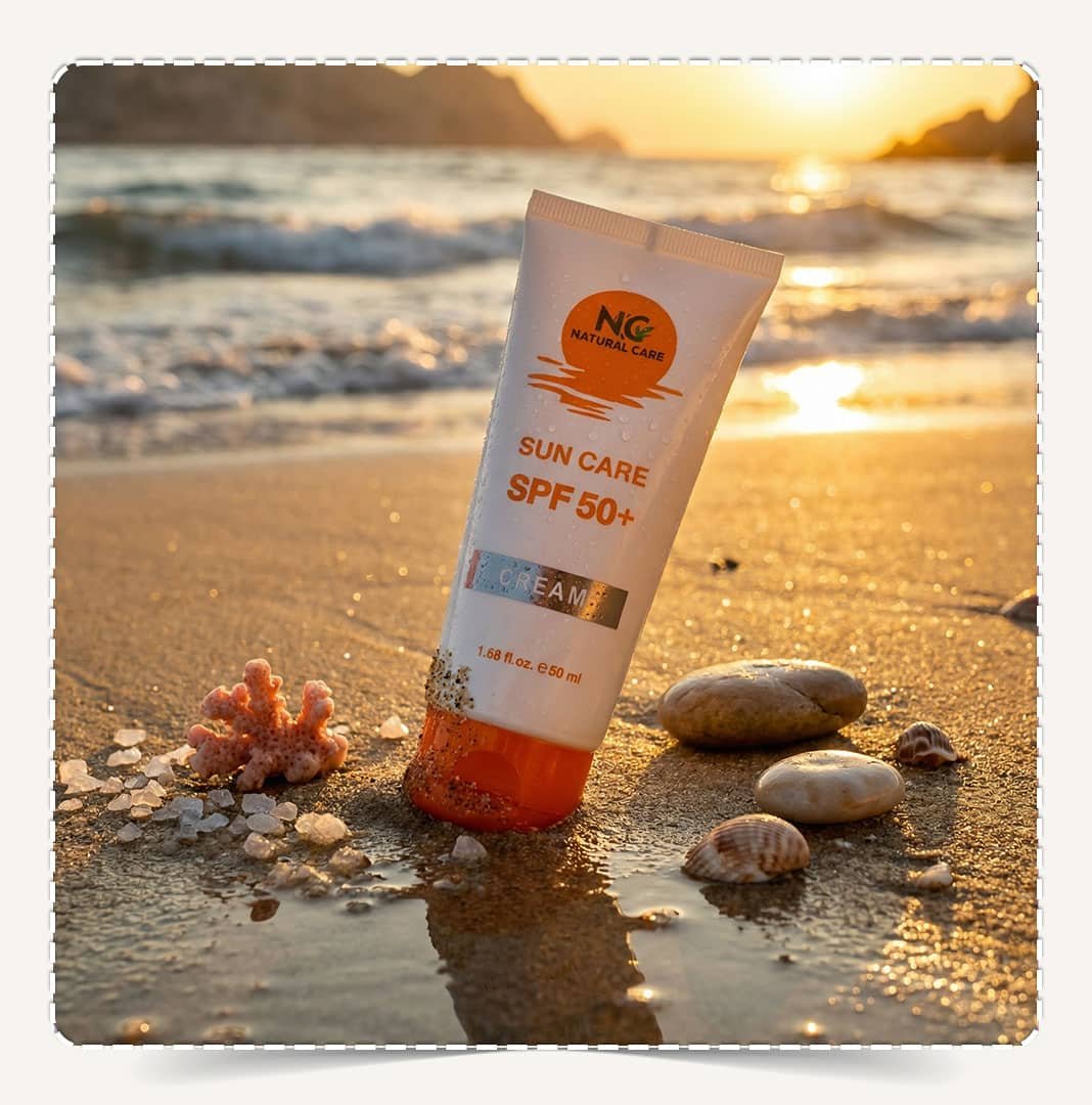 كريم الوقاية من الشمس Sun Care Cream SPF 50+ على رمال الشاطئ وقت الغروب في عمان.