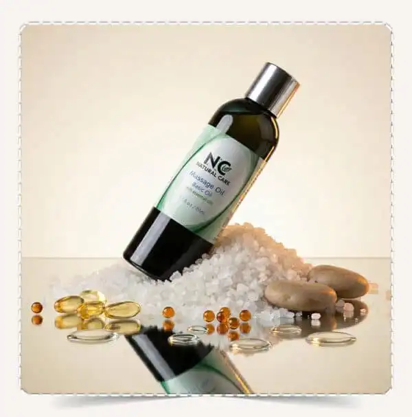 زجاجة زيت المساج الأساسي Massage Oil Basic Oil حجم 150 مل مع كبسولات فيتامين E و A والملح الصخري.