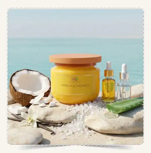 عبوة مقشر جسم طبيعي بزيت جوز الهند والفانيليا Natural Body Scrub Vanilla & Coconut على شاطئ البحر الميت مع ثمرة جوز هند وعيدان فانيليا.