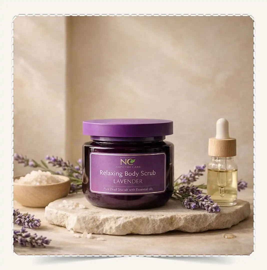 مقشر جسم طبيعي بزيت اللافندر Natural Body Scrub Lavender مع وعاء ملح البحر وأغصان الخزامى وزيت مغذي على خلفية بيج.