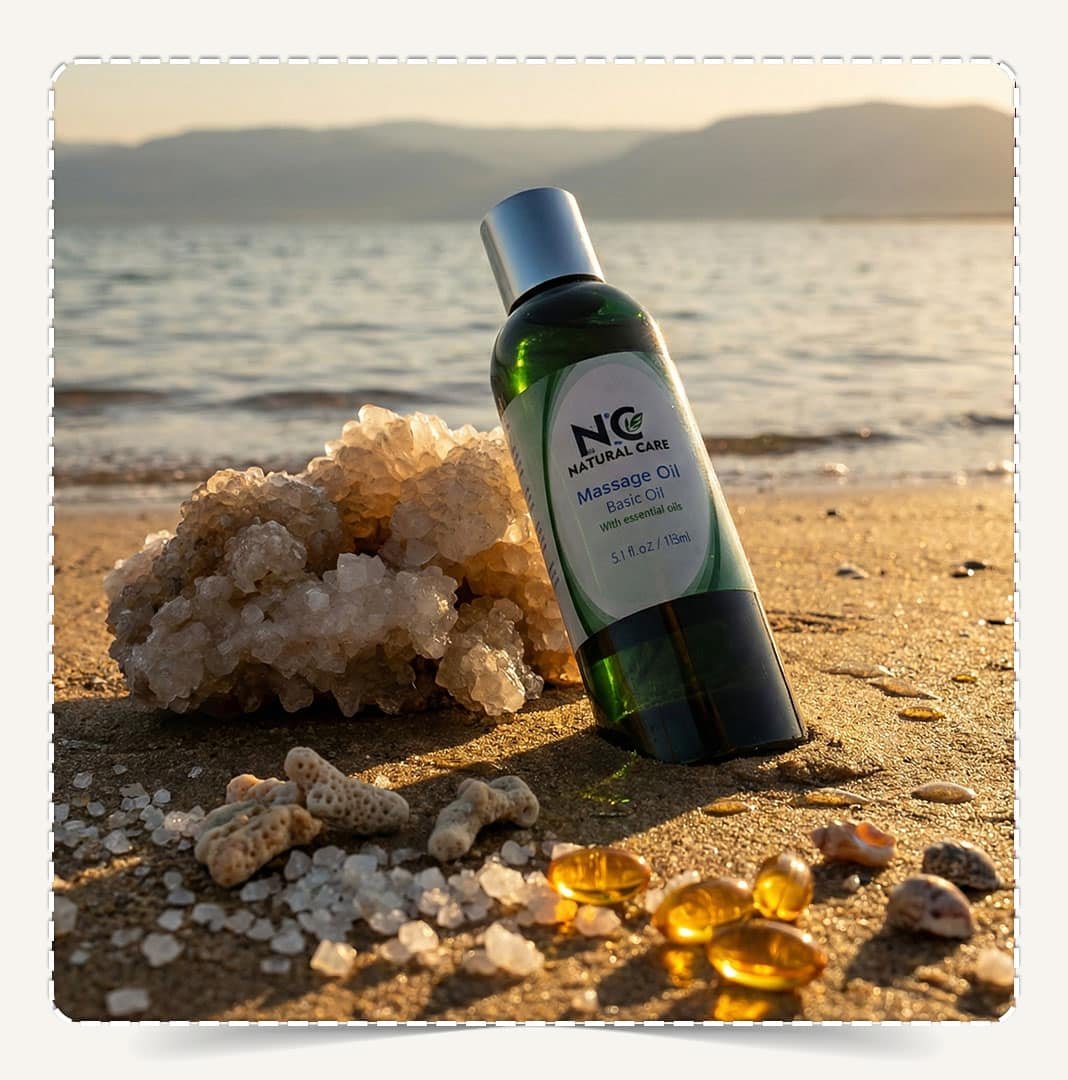زيت المساج الأساسي Massage Oil Basic Oil على رمال الشاطئ مع بلورات الملح وكبسولات الفيتامين المغذية.