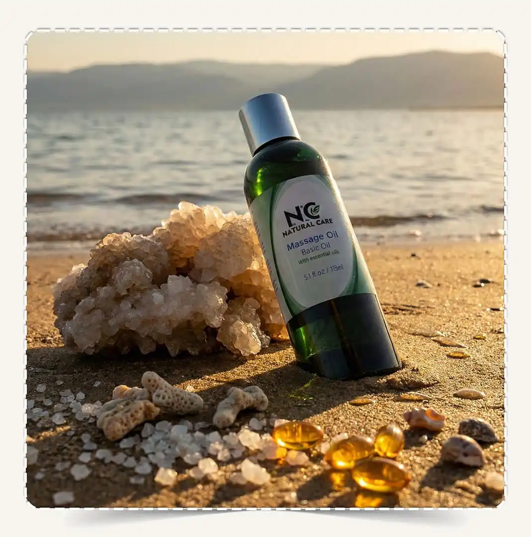 زيت المساج الأساسي Massage Oil Basic Oil على رمال الشاطئ مع بلورات الملح وكبسولات الفيتامين المغذية.