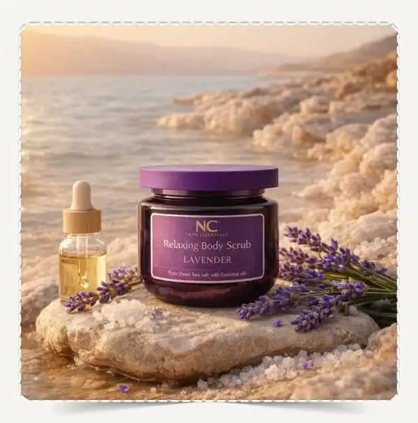 عبوة مقشر جسم طبيعي بزيت اللافندر Natural Body Scrub Lavender على صخور البحر الميت مع أزهار الخزامى وزيت عطري وقت الغروب.
