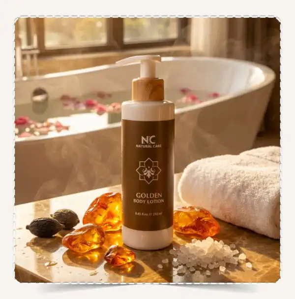 عبوة لوشن الجسم جولدن Golden Body Lotion في سبا فاخر مع قطع العنبر والمسك وأملاح البحر الميت.
