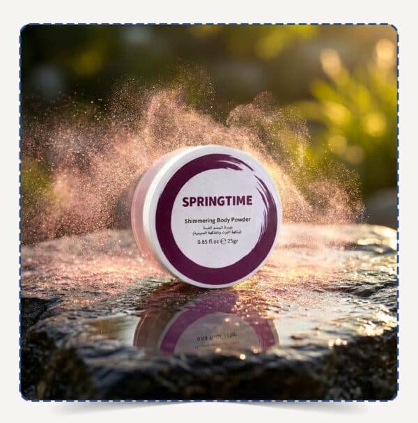 علبة Springtime Body Powder دائرية بلمسات بنفسجية وسط تناثر ذرات البودرة اللامعة الوردية تحت الإضاءة