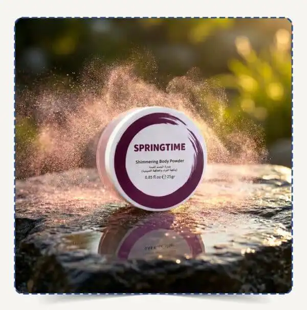 علبة Springtime Body Powder دائرية بلمسات بنفسجية وسط تناثر ذرات البودرة اللامعة الوردية تحت الإضاءة