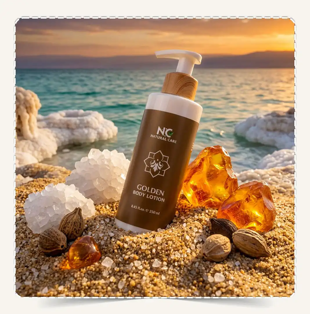 لوشن الجسم جولدن Golden Body Lotion مدفون في رمال شاطئ البحر الميت مع بلورات الملح والعنبر.