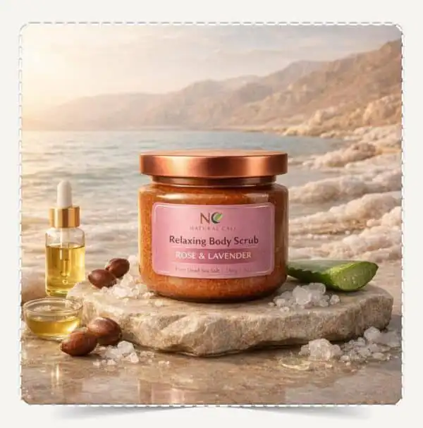 عبوة مقشر جسم طبيعي بزيت الورد واللافندر Natural Body Scrub Rose & Lavender مفتوحة على صخرة طبيعية أمام شاطئ البحر الميت وقت الغروب مع زيوت عطرية.