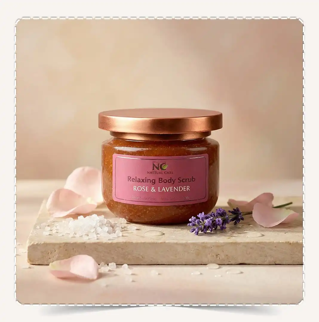 علبة مقشر جسم طبيعي بزيت الورد واللافندر Natural Body Scrub Rose & Lavender مع بتلات الورد وحبيبات الملح وزهرة الخزامى على سطح حجري.