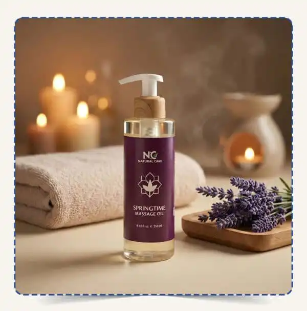عبوة Springtime Massage Oil بتصميم بنفسجي أنيق مع مضخة خشبية، محاطة بالمناشف والشموع وزهور اللافندر في أجواء سبا هادئة – ناتشورال كير عمان