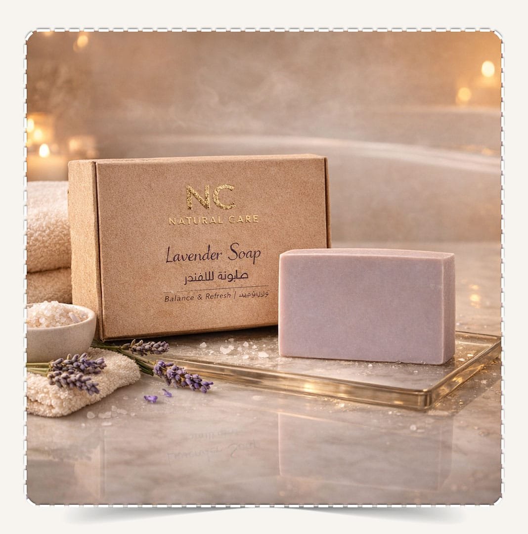 صابونة اللافندر الطبيعية Lavender Soap من Natural Care Oman داخل أجواء سبا حمام مع مناشف وملح وزهور لافندر