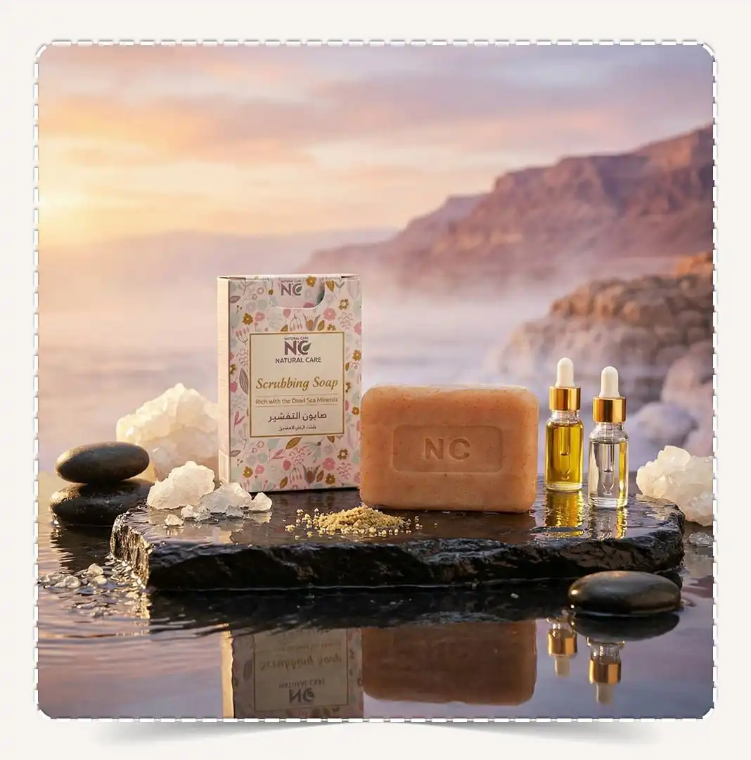 صابون التقشير بأملاح البحر الميت | Scrub Soap مع أملاح وصخور ولمسة زيوت عناية في أجواء البحر — ناتشورال كير عمان Natural Care Oman