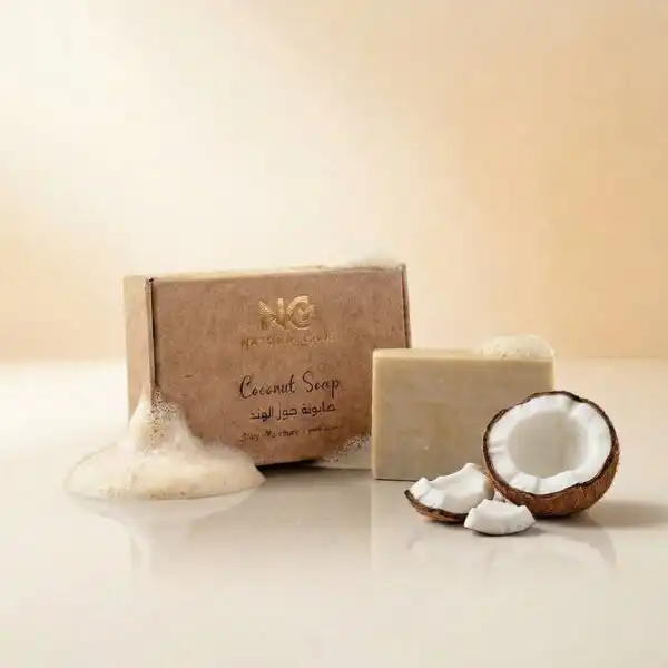 صندوق وقطعة صابونة جوز الهند الطبيعية | Coconut Soap من ناتشرال كير عمان، محاطة بقطع ثمرة جوز الهند الطازجة ورغوة غنية وكثيفة لتعكس الترطيب الناعم والعميق للبشرة.