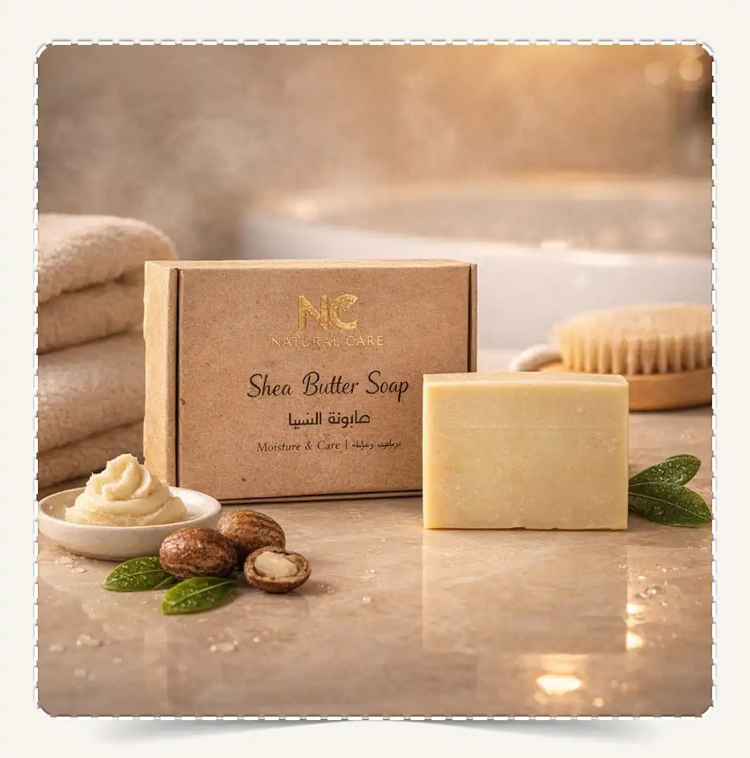 صابونة زبدة الشيا الطبيعية Shea Butter Soap من Natural Care Oman ناتشيرال كير عمان على رخامة حمام مع منشفة وفرشاة وزبدة شيا في طبق وحبوب شيا
