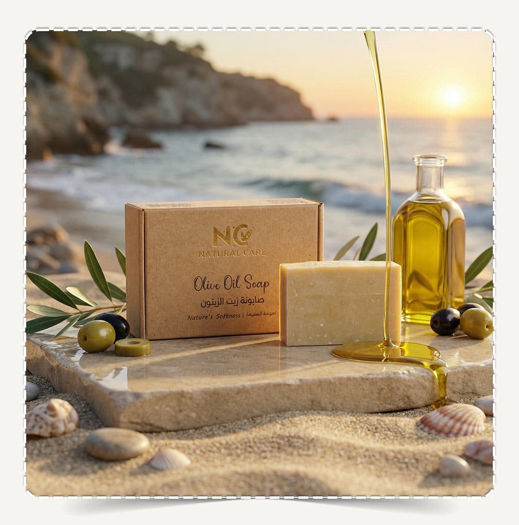 صابونة زيت الزيتون الطبيعية Olive Oil Soap من Natural Care Oman على شاطئ وقت الغروب مع زجاجة زيت زيتون وثمار زيتون ورذاذ/سائل زيت ينساب بجوار الصابونة وخلفية بحر وجبال.