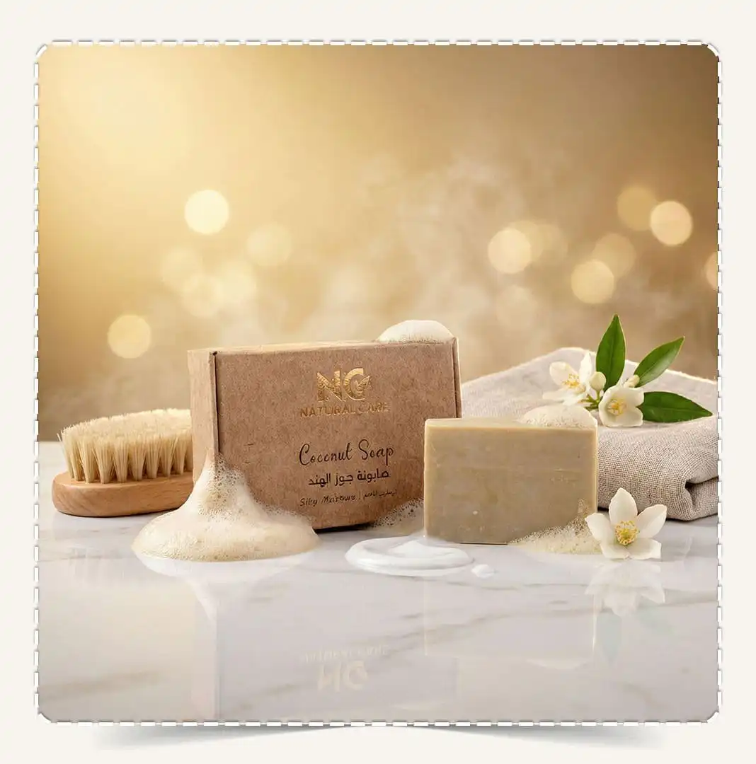 صابونة جوز الهند الطبيعية | Coconut Soap من Natural Care Oman / ناتشرال كير عمان – تصوير ستوديو على سطح رخامي مع رغوة وفرشاة ومنشفة وزهرة لإحساس النظافة والنعومة