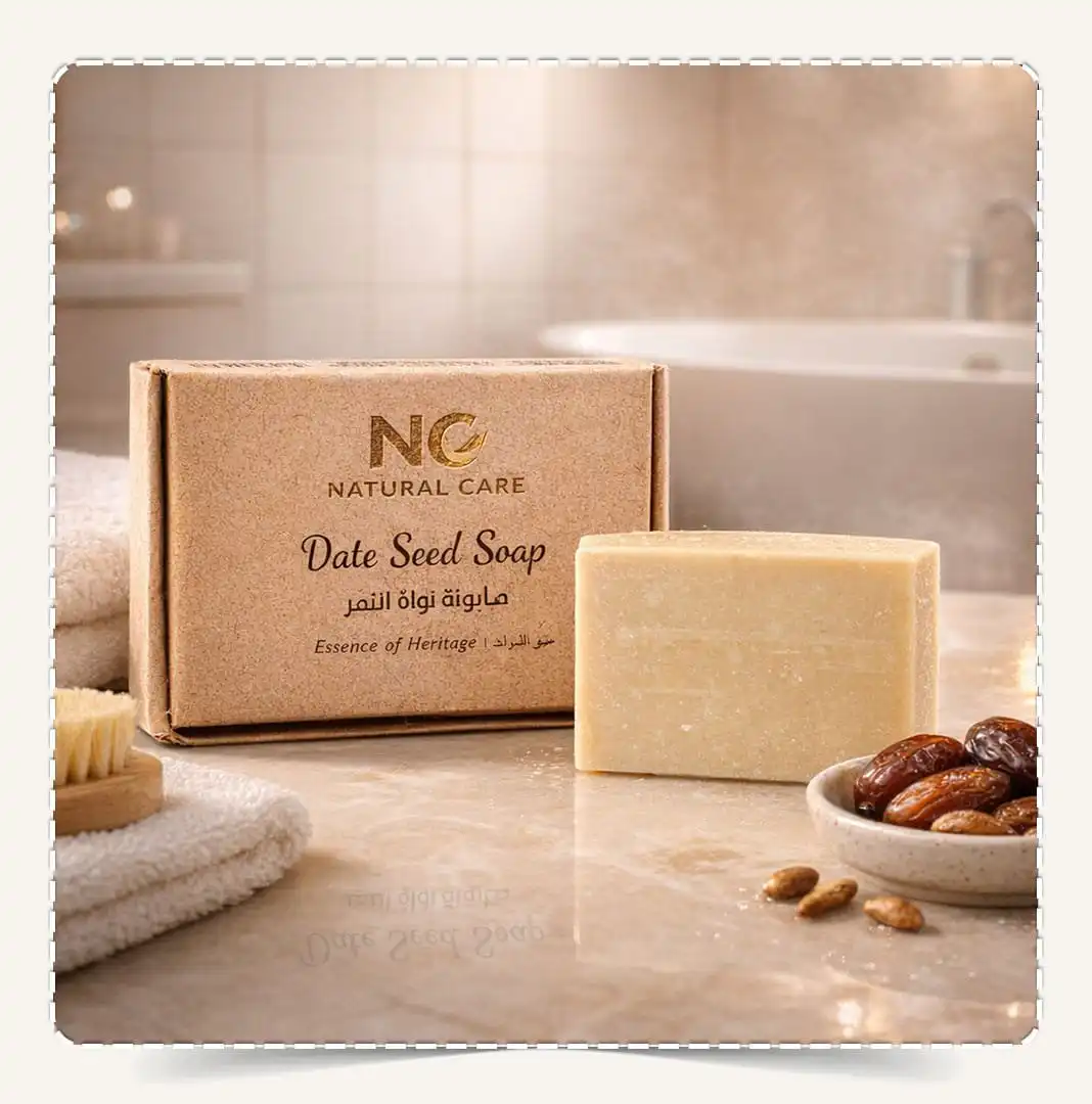 صابونة نواة التمر الطبيعية | Date Seed Soap من Natural Care Oman / ناتشرال كير عمان – علبة الصابون مع القطعة على سطح حمّام بجوار منشفة وفرشاة وطبق تمر
