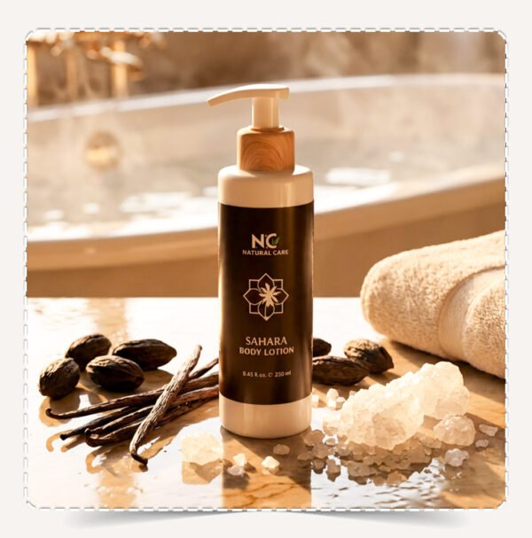 عبوة لوشن الجسم صحارى Sahara Body Lotion في سبا فاخر مع أعواد الفانيلا والمسك وأملاح البحر الميت.