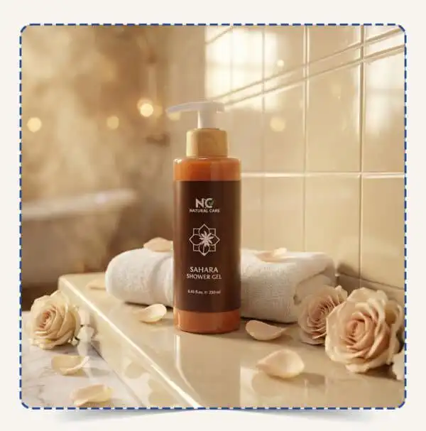 Sahara Shower Gel | شاور جيل صحارى من Natural Care Oman زجاجة بمضخة بيضاء وسائل كهرماني وملصق بني بجانب منشفة وورود داخل حمام