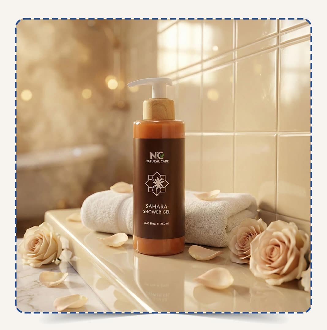 Sahara Shower Gel | شاور جيل صحارى من Natural Care Oman زجاجة بمضخة بيضاء وسائل كهرماني وملصق بني بجانب منشفة وورود داخل حمام