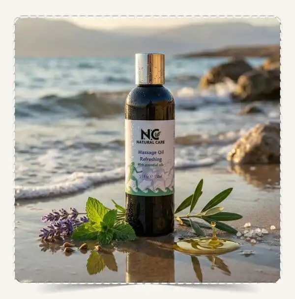زجاجة زيت مساج للانتعاش Massage Oil Refreshing حجم 150 مل مع أوراق النعناع وزهور اللافندر وزيت الزيتون.