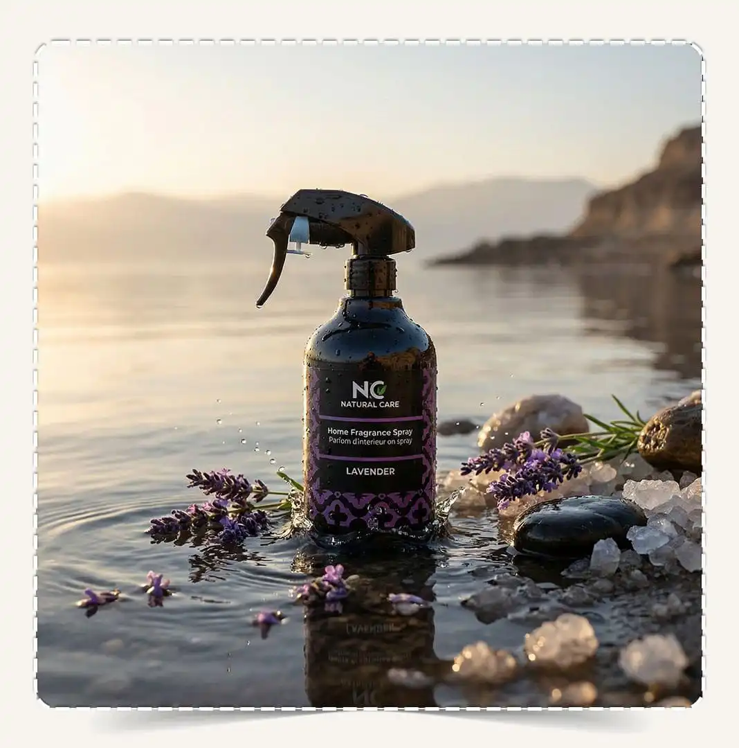 معطر منزلي باللافندر | Lavender Home Fragrance من Natural Care Oman | ناتشرال كير عمان – بخاخ لافندر 500 مل على الشاطئ مع أملاح وصخور