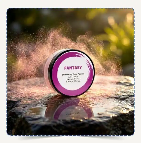 علبة Fantasy Body Powder دائرية بلمسات بنفسجية وسط تناثر ذرات البودرة اللامعة الوردية والبنفسجية تحت الإضاءة